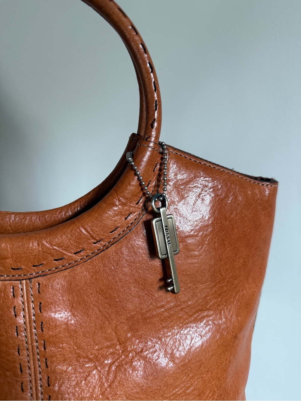 Vintage Fossil Brown Leather Circle-Handle Shoulder Bag - Picture 12 of 15